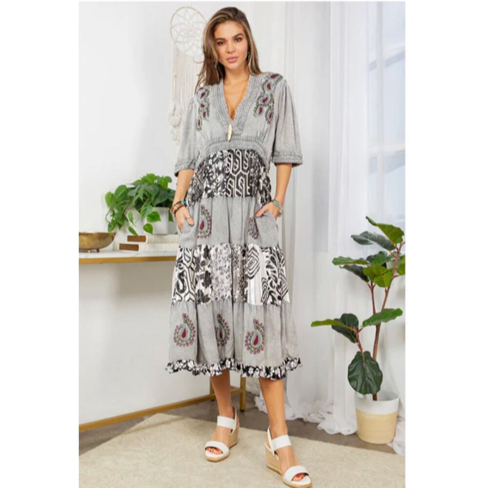 Young Threads Womens S Gray Black Patchwork Embroidered Viscose Boho Maxi Dress